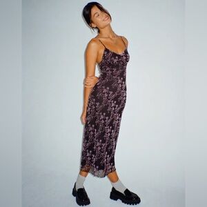 Motel Cotina Midi Dress In Butterfly Vine Flock Black And Pink